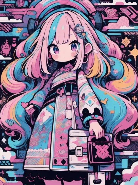 hightquality、Colorful color palette、high-level image quality、Kawaii Girl、Unprecedented amount of drawing、anime styled、Geometric pattern background、sticker style、Long hair、light pink hair、purple eyes, drill hair, front facing, posing, hands posing, lace