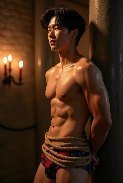 (((muscular man, shirtless))), (((handsome Chinese teenager model))), (((sixpack abs, muscular biceps and triceps))), (((young, muscular, fit, male))), (((muscular sixpack))), (((tied up completely with rope)))), (((rope tied around chest)))), (((body tied...