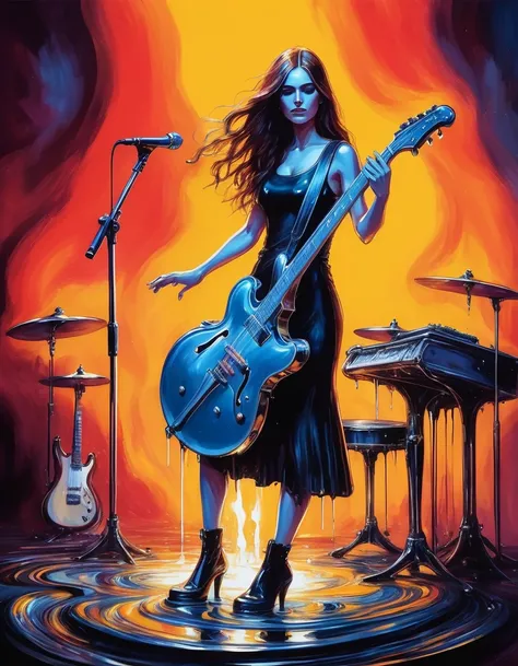 Impressionist Painting，Cute comics, Laer Chrome , Female band，Standing on a molten metal stage, Playing an instrument，Melt, Flowing long hair . Loose brushwork, Bright colors, light and shadow game, Focus on feeling rather than form