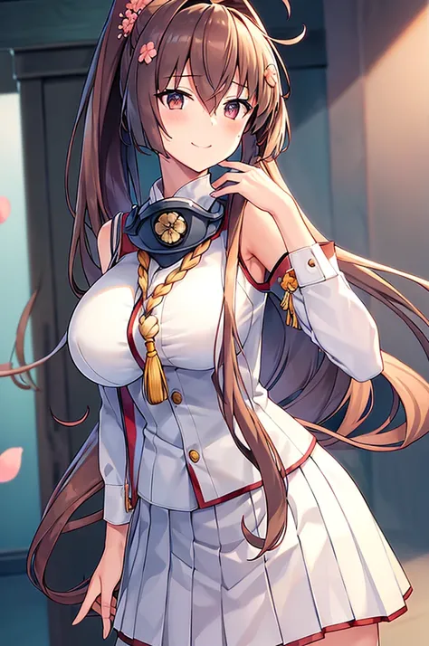 ((masterpiece)),((Best Quality)),Perfect lighting,Alone,One Woman, Looking at the camera, from the front, smile, Yamato_(kancolle), kaini_Costume, Long Hair, 茶hair, ponytail, hair飾り, flower, hair_flower, Brown Eyes, cherry blossoms, とても長いhair, blush, hair_...