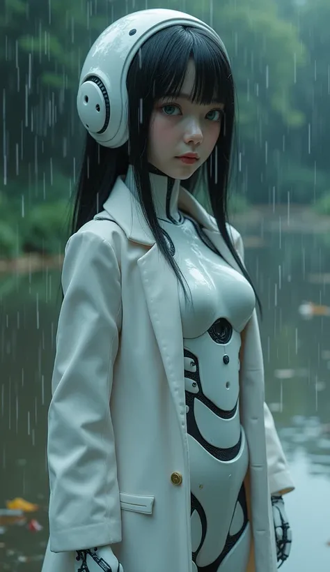 in rain robot that Neat (clean, beautiful, simple) Japanese beautiful girl Age is teenager Small face (white and beautiful skin) Around the eyes (pale pink corners of the eyes) Eyes (short eyelashes, long but attractive size) Pupil (deep green) Bridge of n...