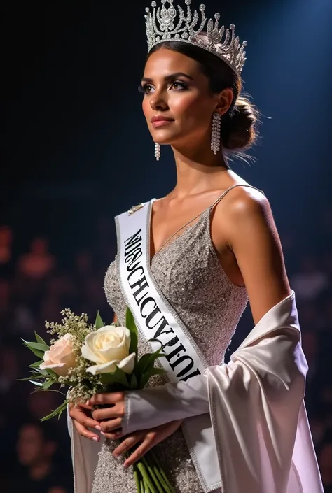 Miss Universe Spain, wear crown, silver evening gown with silk shawl at shoulder left and right, wear white silver sash, and hold arrange flower in her arms. At final stage. Tan skin, bold face make up but calming and smart aura.