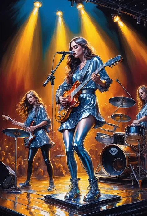 Impressionist Painting，Cute comics, Laer Chrome , Female band，Standing on a molten metal stage, Playing an instrument，Melt, Flowing long hair . Loose brushwork, Bright colors, light and shadow game, Focus on feeling rather than form