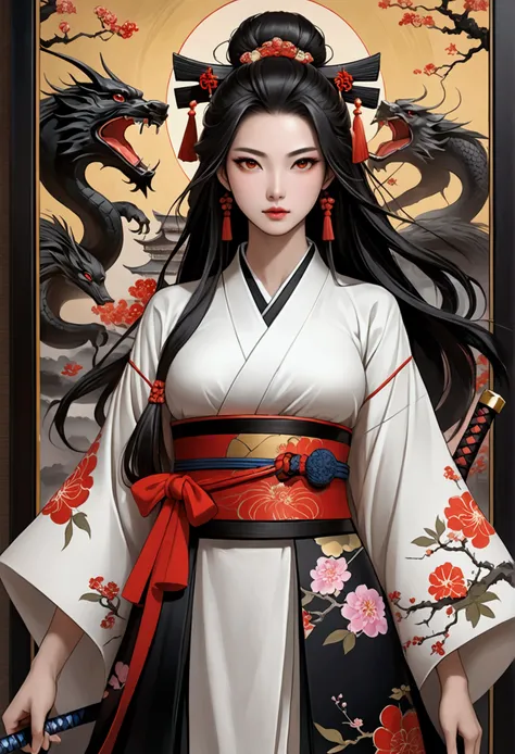 arafed woman in a kimono with a sword in front of a painting, japanese goddess, a beautiful fantasy empress, chinese empress, japanese fantasy, masayoshi suto and artgerm, inspired by Wang Meng, chinese artist, inspired by Jin Nong, beautiful!!!! museum ph...