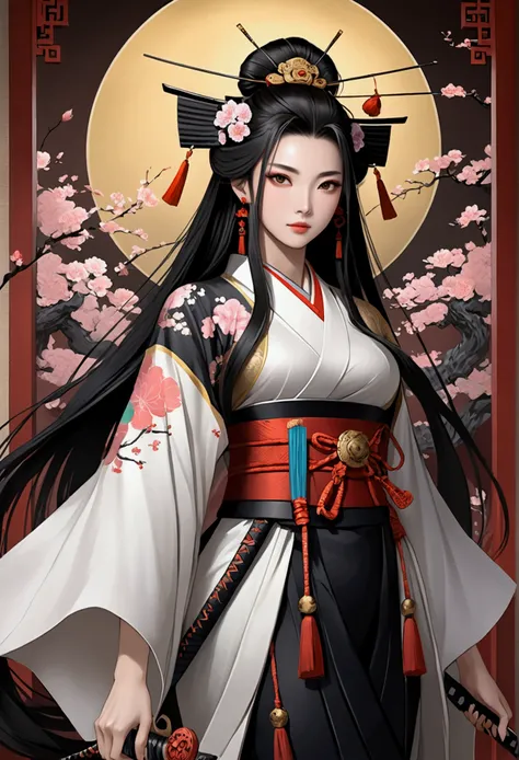 arafed woman in a kimono with a sword in front of a painting, japanese goddess, a beautiful fantasy empress, chinese empress, japanese fantasy, masayoshi suto and artgerm, inspired by Wang Meng, chinese artist, inspired by Jin Nong, beautiful!!!! museum ph...