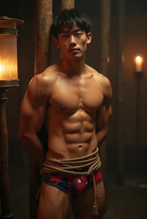 (((muscular man, shirtless))), (((handsome Chinese teenager model))), (((sixpack abs, muscular biceps and triceps))), (((young, muscular, fit, male))), (((muscular sixpack))), (((tied up completely with rope)))), (((rope tied around chest)))), (((body tied...