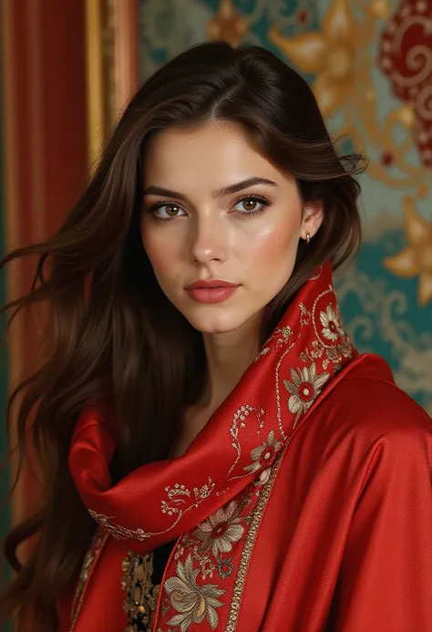 A beautiful woman with brown hair and hazel eyes wears an embroidered red scarf with gold accents. She is wrapped in the rich colors of oriental fabrics, set against a backdrop of rich fabrics and ornate patterns, soft lighting highlighting the intricate d...