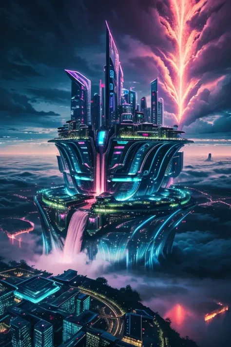 A futuristic city built entirely on floating islands in the clouds, with waterfalls cascading down into the sky, illuminated by neon lights in the evening twilight