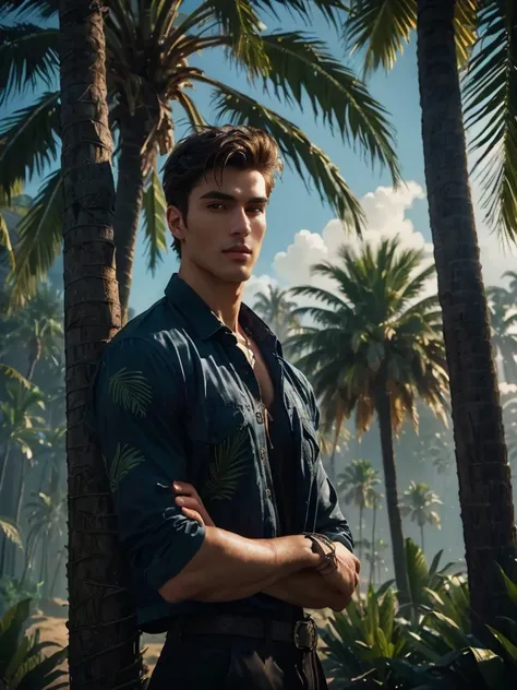 arafed man standing in front of a palm tree in a jungle, attractive man, attractive male, anton fadeev 8 k, handsome male, handsome man, inspired by Adrian Zingg, male model, handsome and attractive, by Adam Dario Keel, by Seb McKinnon, beautiful young man...