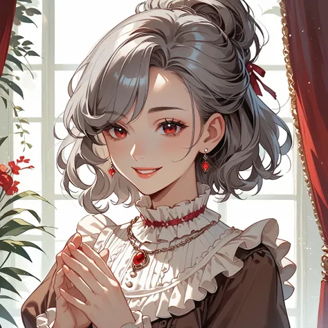 iris, One adult woman, Gray Hair, Medium Hair, Updo, Red eyes, necklace, Brown dress、Ruffled collar, white collar, - Detachable collar、Long sleeve, Ruffle sleeves, Asymmetrical bangs、smile, masterpiece、Fine grain, Beautiful attention to detail:1.2, Perfect...