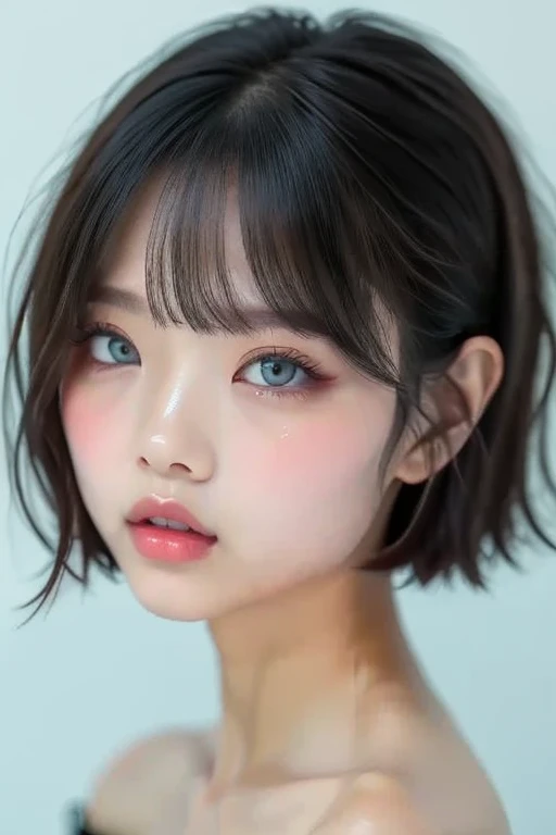 , shiny black hair,age 15 , shoulder-length bob hair, the forehead is hidden by the bangs. pale blue eyes like tears,double、plum...