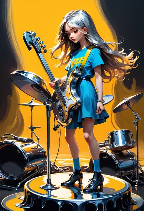 ((Inspired by Tomasz Jedruszek)),Impressionist Painting，Cute comics, Laer Chrome , Female band，Standing on a molten metal stage, Playing an instrument，Melt, Flowing long hair . Loose brushwork, Bright colors, light and shadow game, Focus on feeling rather ...