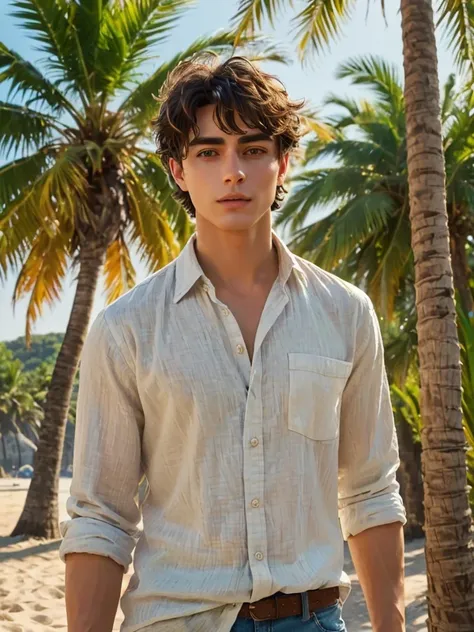 arafed man in a shirt and jeans standing on a beach, inspired by John Luke, wearing a linen shirt, inspired by Adam Dario Keel, timothee chalamet, beautiful young man, zac retz, by Adam Dario Keel, handsome male, by Alexander Sharpe Ross, zac efron, handso...