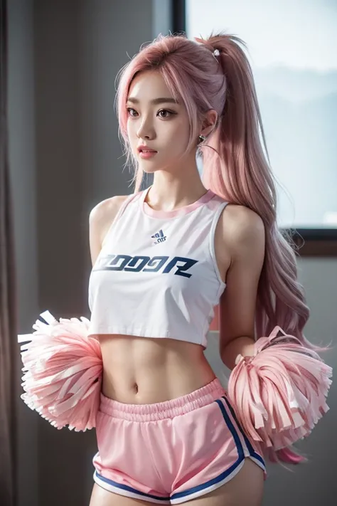 Japanese Beauty,(Pink Ash Hair),Long Hair,Wavy Hair,((Tie your hair low)),Asymmetrical hairstyle that falls on the shoulders,Model body type, Normal chest,((Cheerleader 1.5)),colorful cheerleader,(Adult Women:1.5),Short hot pants, Soft Landscape,full light...