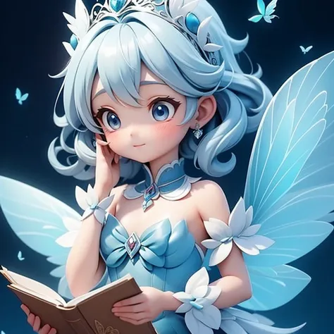 a graceful girl fairy with silver and blue wings, she is good at reading other people's emotions, there are happy people in the ...