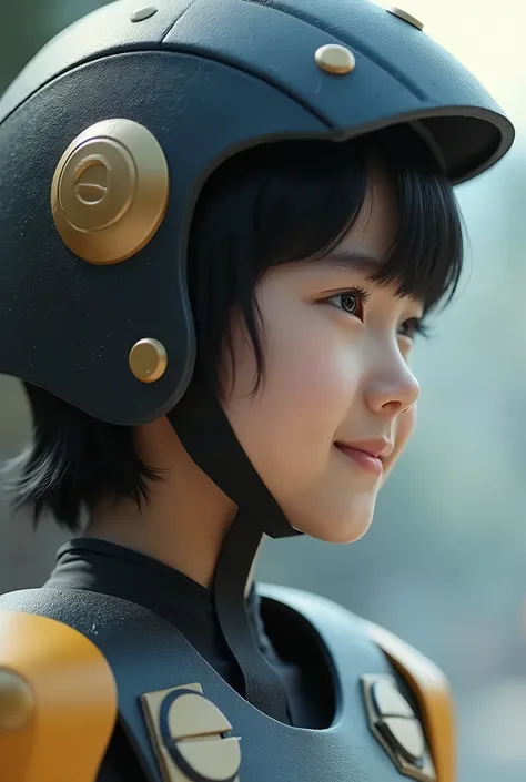 live-action、Real、Gundam&#39;s Armor、Amazon&#39;s cardboard body、A very young Japanese、Black Hair、Mushroom Hair、Gundam Helmet、Close-up of face、smile、profile、Simple Background、masterpiece、Best Quality