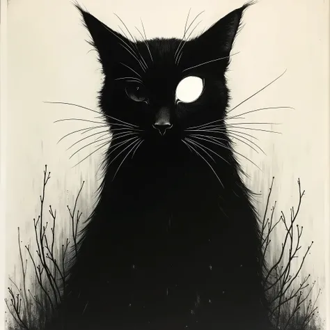 Redon style、Black and white lithograph、One-eyed black cat