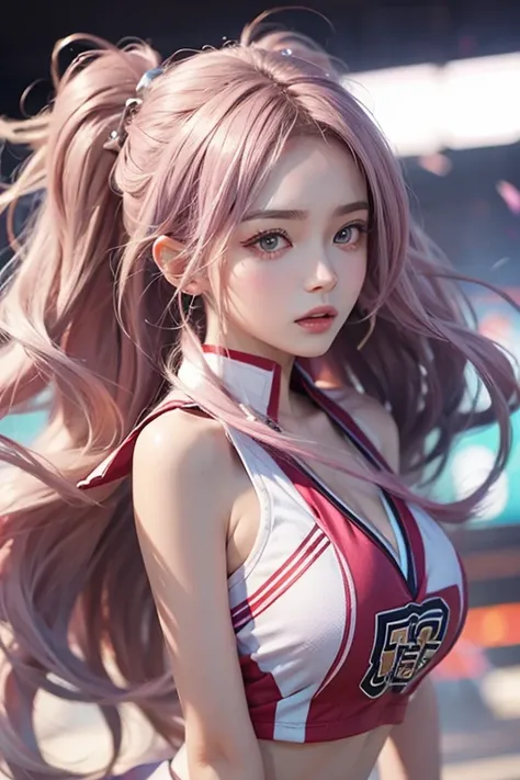 Japanese Beauty,(Pink Ash Hair),Long Hair,Wavy Hair,((Tie your hair low)),(low knot tail),Asymmetrical hairstyle that falls on the shoulders,Model body type, Normal chest,((Cheerleader 1.5)),colorful cheerleader,(Adult Women:1.5),Short hot pants, Soft Land...