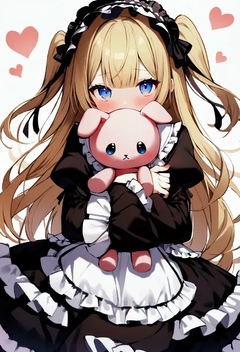 1girl, bangs, black dress, black hairband, black ribbon, blonde hair, blue eyes, blush, covered mouth, dress, frilled dress, frills, gothic lolita, hair ribbon, hairband, heart, holding, holding stuffed toy, juliet sleeves, lolita fashion, lolita hairband,...