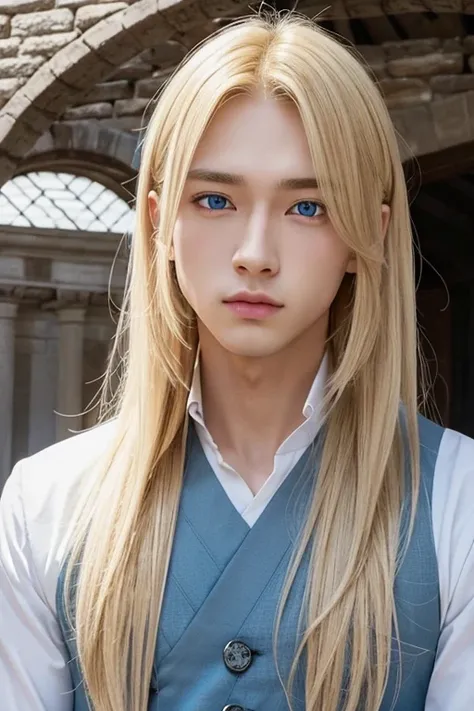 solo, looking at viewer, blue eyes, 1boy, upper body, male focus, beautiful face,bishounen,center part,emaciated,nobility clothes,blonde hair,castle,straight hair,Noble