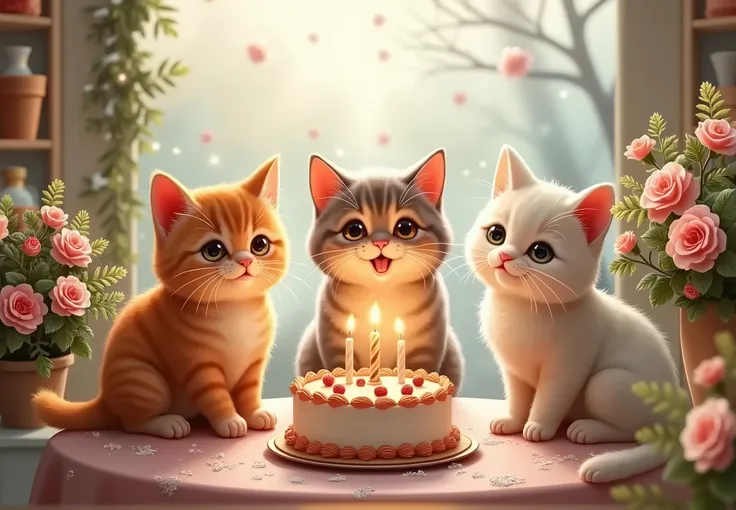 three cat sitting at a table with a cake and candles, cat , Adorable digital painting, meeting of the cat, Warm and beautiful scenery, 🌺 CGSociety, cute cat, Cafe for mice, By Alexander Gerasimov, By Igor Grabar, Cute detailed digital art, Beautiful digita...