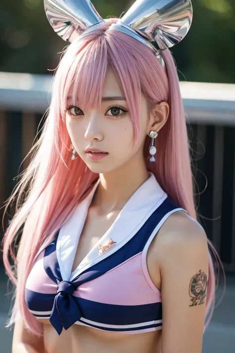 Japanese Beauty,(Pink Ash Hair),Long Hair,Wavy Hair,((Tie your hair low)),(low knot tail),Asymmetrical hairstyle that falls on the shoulders,Model body type, Normal chest,((Cheerleader 1.5)),colorful cheerleader,(Adult Women:1.5),Short hot pants, Soft Land...