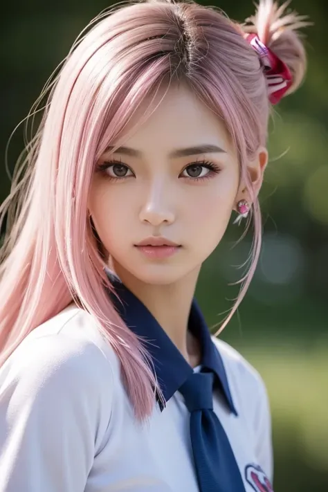 Japanese Beauty,(Pink Ash Hair),Long Hair,Wavy Hair,((Tie your hair low)),(low knot tail),Asymmetrical hairstyle that falls on the shoulders,Model body type, Normal chest,((Cheerleader 1.5)),colorful cheerleader,(Adult Women:1.5),Short hot pants, Soft Land...