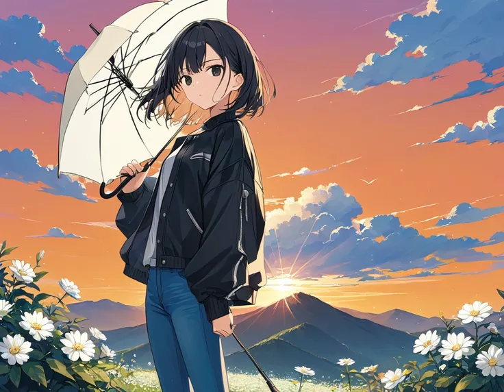 Anime Style,A woman holding an umbrella,Standing on the mountain top,White flowers blooming,Black Hair,Short Bob,Blowing in the Wind,Black Eyes,Shining Eyes,Shining Eyesのハイライト 白いシャツ,Wear a black drop shoulder jacket,Wearing jeans, stern expression,Disgust,...