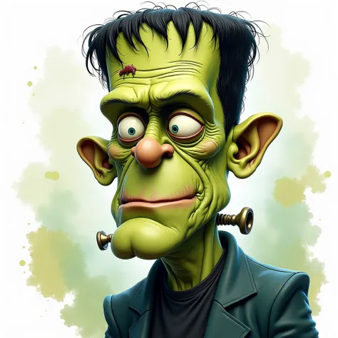 a cartoon caricature of Frankenstein, whimsical, hilarious, fun, comical, watercolor crazy, making silly faces and expressions, dynamic emotional expressive pose, full introspective portrait, ultra detailed, splattered background