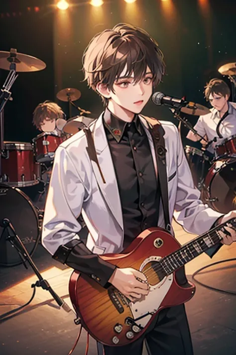 masterpiece, 8k resolution, perfect details, exquisite quality, high resolution, intricate, ai generated, perfect lighting, on the stage, four men as a band playing music, guitar, base, drums, vocal,