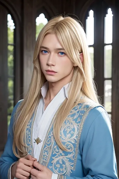 solo, looking at viewer, blue eyes, 1boy, upper body, male focus, beautiful face,bishounen,center part,emaciated,blonde hair,castle,straight hair,nobility clothes