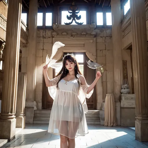 A plump young angel with large white wings., With brown hair, In a short, translucent tunic, In a brightly lit deserted temple, Colonnade, Full face, Look at the wings