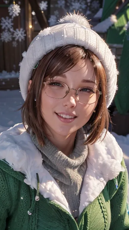 portrait, close-up, upper body. Short, red hair, green eyes, glasses with metal frames, green knitted hat, green jacket, joyful smile, cheerful girl . (masterpiece, top quality, best quality, official art, beautiful and aesthetically pleasing:1.2), extreme...