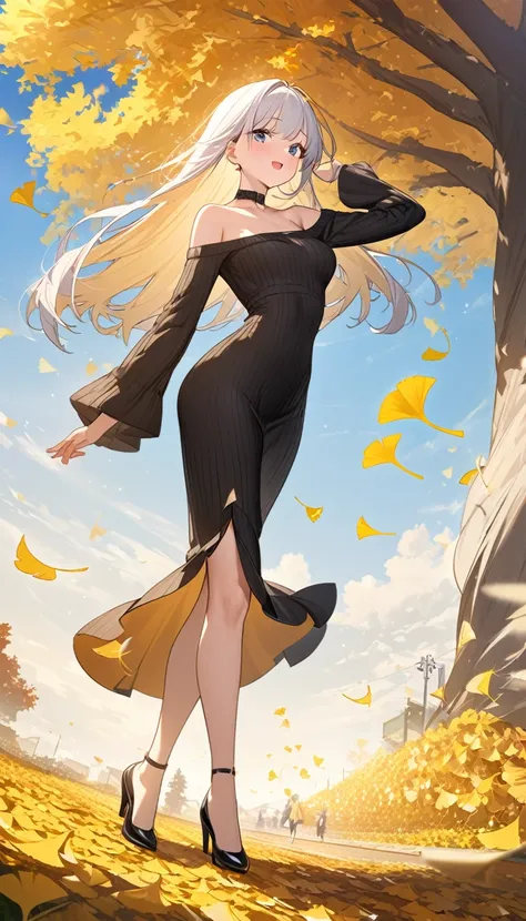 One beautiful girl, Ultra-high resolution,Ultra high definition,Off-the-shoulder knit dress,clear,Autumn sky、Ginkgo leaves dancing、Ginkgo Tree Line、Full body drawing、