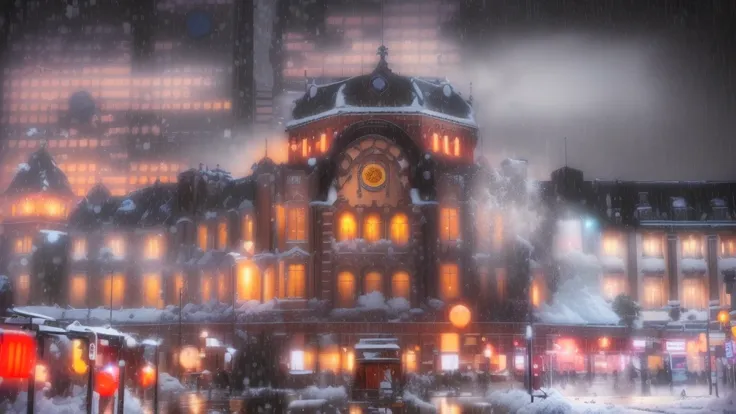 In the background is a large building with a clock tower, A city where a lot of snow falls, Heavy rain at night in Tokyo, Nighttime snowfall, Rainy night city, Rainy city at night, Downtown Japan, Flooded Tokyo, In the snow, Tokyo, Japanese cities at night...