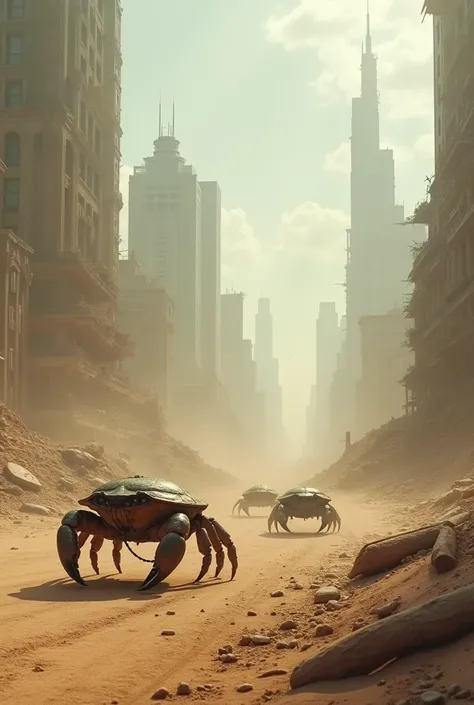 A future where all humanity has been wiped out、The city was destroyed by war、Over the desert where the remains of buildings remain、A group of large, flat crabs are walking、There was no sign of anyone、The wind is blowing