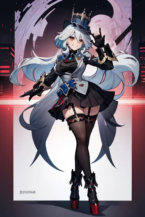 female, silver long hair, red eyes, (((1girl))), (((red ringmaster attire))), (black skirt), (black fingerless gloves), (black thigh high heeled boots), (silver armguards), cute and sexy, full body, huge breasts, long legs, smiling