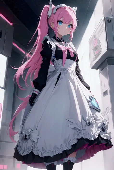 A robot-like girl with a Japanese face, designed with some robotic elements. She has pink twin-tail hair, large blue eyes, and an expressionless face. She wears a maid outfit, combining a classic maid design with subtle futuristic details to reflect her ro...