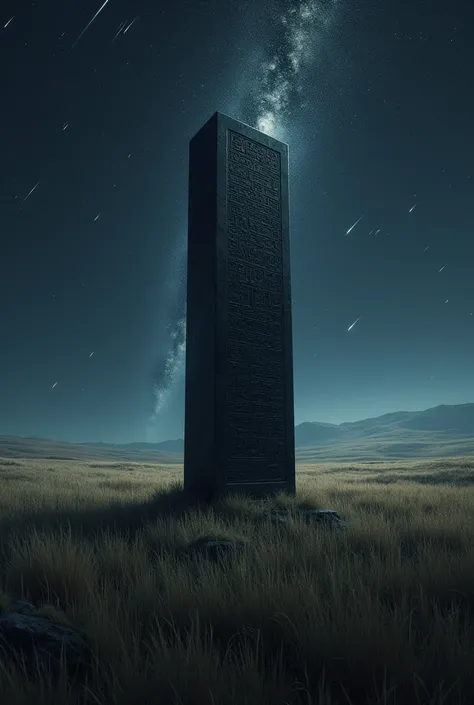 A black monolith standing in a deserted grassland、Cuneiform inscriptions are engraved on the surface、A meteor shower is visible in the sky