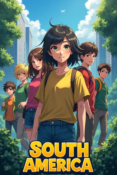 The cover features a group of young heroes with anime features., each with unique looks that reflect diverse cultures and environments of South America, without exaggeration. The fund highlights Brazil, with a smooth transition between a modern urban lands...