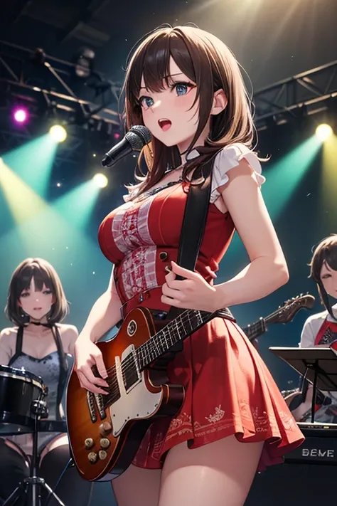 masterpiece, photorealistic, 8k resolution, perfect details, exquisite quality, high resolution, intricate, ai generated, perfect lighting, on the stage, 3 pieces girls band, band playing music, guitar, base vocal, drums, 