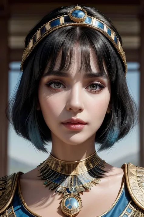 A detailed, hyperrealistic, highly detailed portrait of Cleopatra with natural skin, short and voluminous black hair, sharp eyes with blue eyeshadow, a thin and upturned nose, well-defined lips, an hourglass figure, traditional clothing, and makeup, intric...