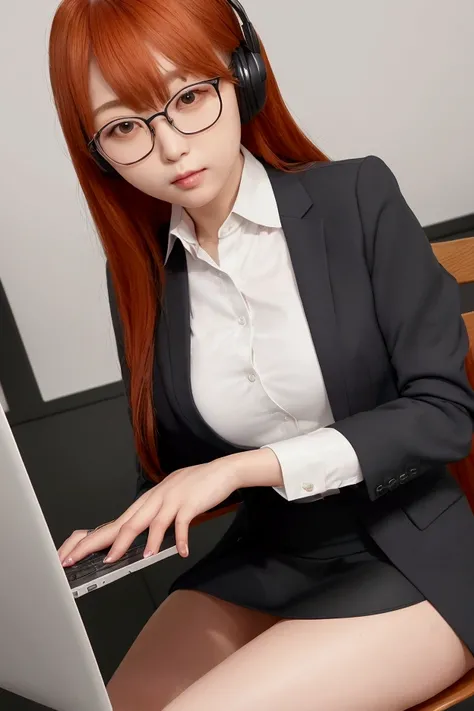 A woman is sitting in a chair with a laptop, 厳格な黒のWearing a business suit, sitting On the desk, In a strict suit, On the desk, Dressed in a strict suit, Japanese Goddess, Knee socks and skirt, She sat at the desk, Sitting at the table, Sitting at a desk, W...