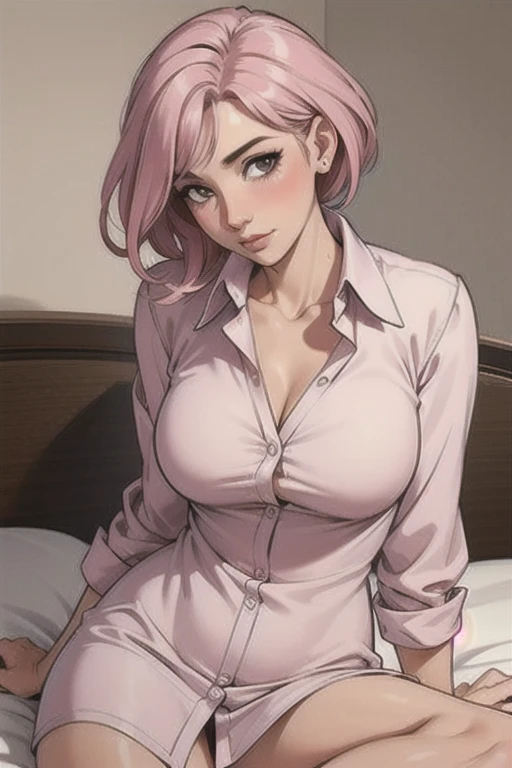 informal, (mature woman:1.4), (thick), Pink long buttoned and unbuttoned shirt dress, ((Masterpiece:1.2)), ((best quality:1.2)), (neckline). lying on a bed (blushing)