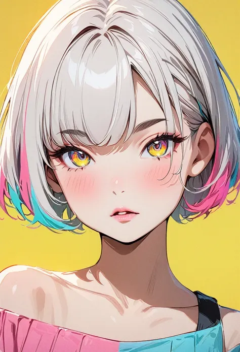 (masterpiece, best quality:1.4), anime style, portrait, 1 girl, solo, front, asymmetrical silver short hair, colorful students, ...