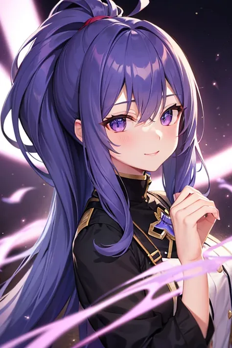 Blue-purple hair, Ridiculously long hair, Hair between the eyes, High Ponytail, purple eyespurple suit, Anime Color,seductive smile