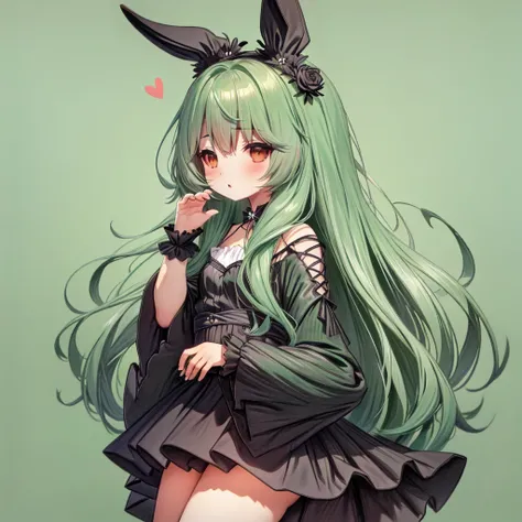 Handsome face、Chibi、Mint Green Background、Black clothes、Long sleeves with flared cuffs、Shoulders are exposed、One-piece flared skirt、A rabbit holding a stuffed toy in one hand、Black and mint green palette、Gothic Shoes、Front facing、Black Rose、🌙、Perfect Anato...