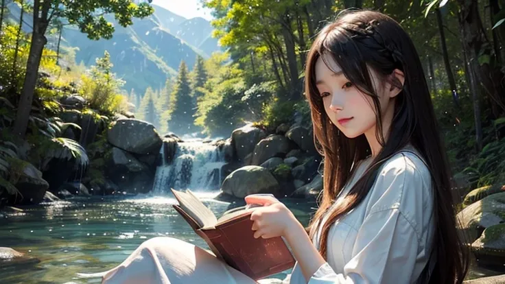 One Woman、Put a large close-up in front of the screen、cute、Long Hair、Relaxed and gentle expression、Reading a book、Accurate facial depiction、Placed on the right of the screen、The background is a mountain stream、The water sparkles in the sunlight、The light c...