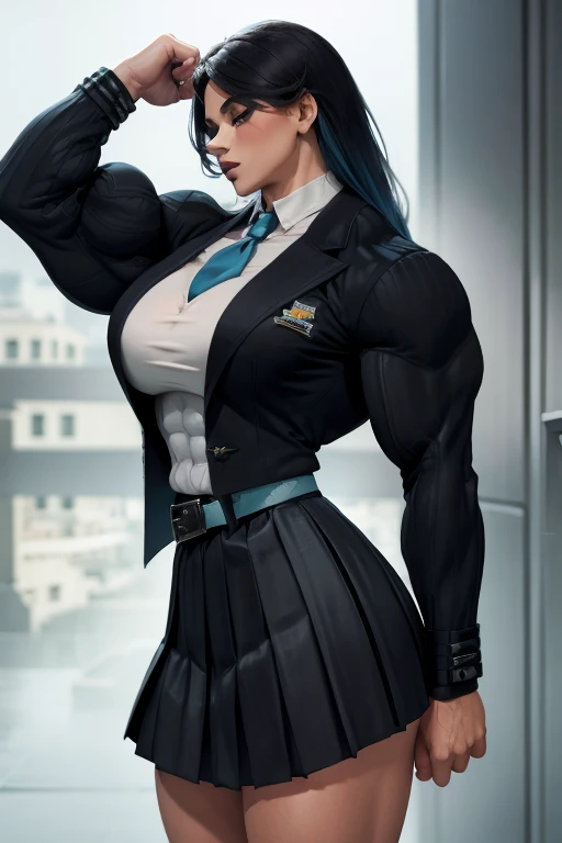 ((Close-up)), tall, ((cyan hair)), beautiful muscular woman, long beachy hair, pale white skinned, closed smile, large breast, (black lipstick), (massive muscles), (hyper muscle), (((ginormous bulky muscles))), purple eyes, (((((long sleeve school uniform ...