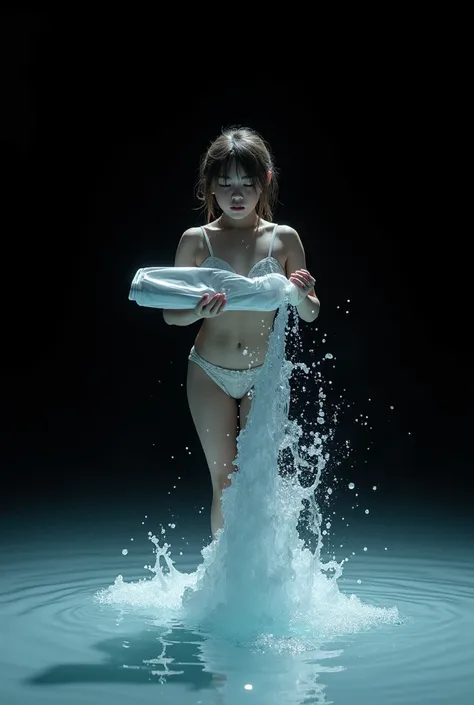 image of an 1 girl in short clothes squeezing a tube of toothpaste, crystal clear water comes out of the toothpaste tube and floods the place where it is, black background